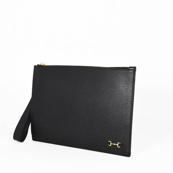 Gucci Black Leather Horsebit Wristlet Clutch with Gold Hardware - Picture 2 of 14
